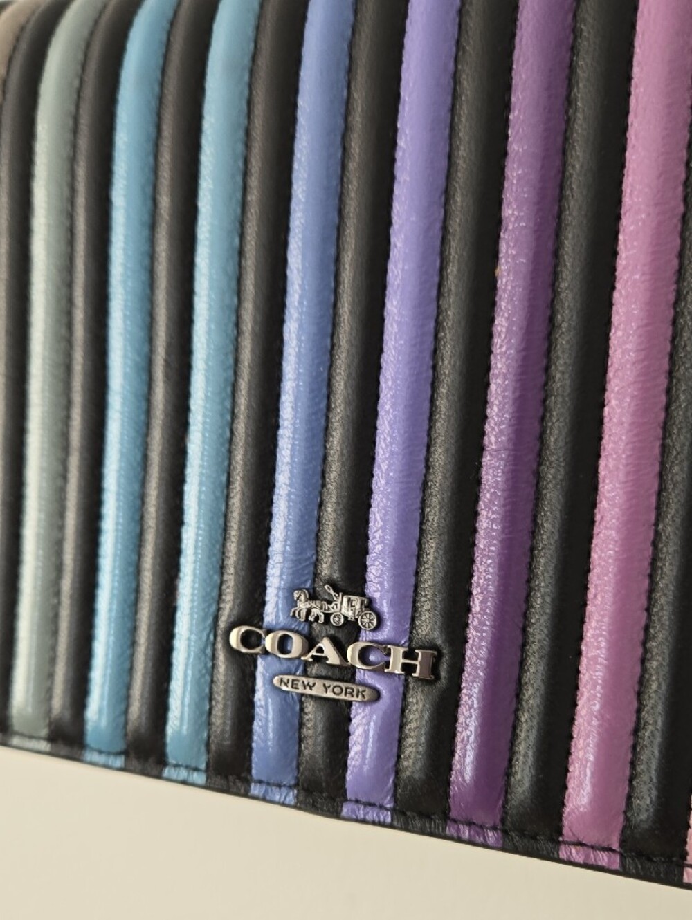 COACH Multicolor Ribbed Leather Crossbody — Black Trim with Pastel Stripe Panel - Picture 3 of 10